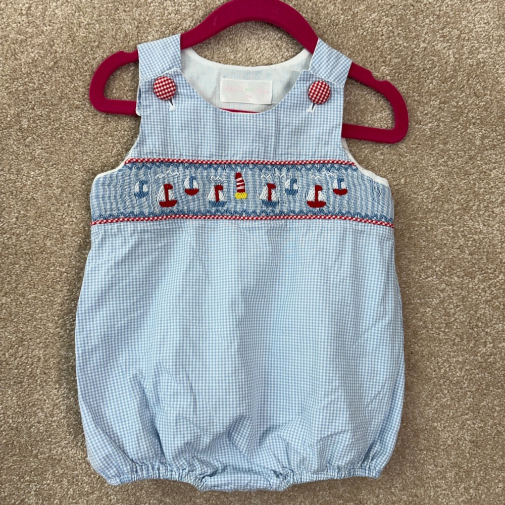 CECIL AND LOU Bubble Romper 9M Blue Gingham Smocked Sailboat Nautical 9 Months